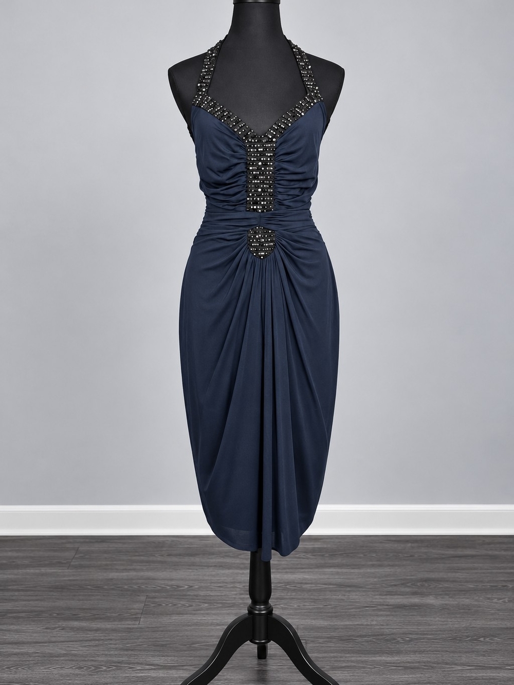 BCBGMaxAzria Navy Halter Dress with Beaded Accents